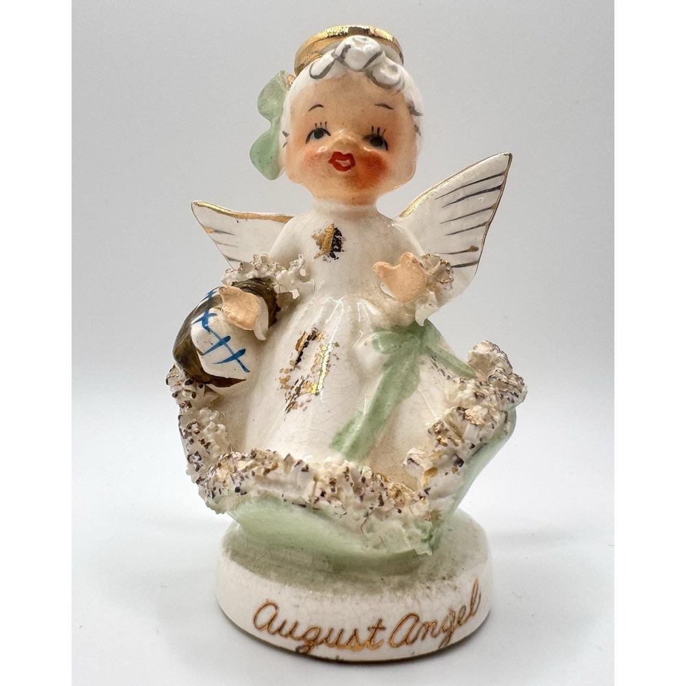 August Girl Birthday Month Angel Figurine A4307 Spaghetti & Gold Accents 1950s